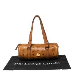 Pre Owned MCM Cognac Visetos Coated Canvas and Leather Essential Barrel Bag