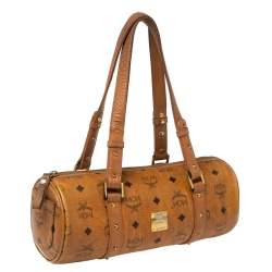 Pre Owned MCM Cognac Visetos Coated Canvas and Leather Essential Barrel Bag