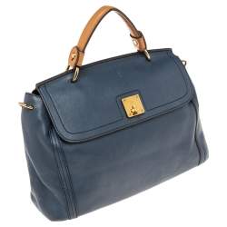 MCM Blue Leather Turn Lock Flap Top Handle Bag