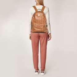 Pre Owned MCM Tan Coated Canvas And Leather Studded Stark Backpack