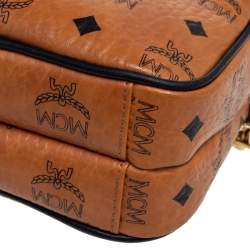 Pre Owned MCM Tan Visetos Coated Canvas And Leather Double Zip Camera Crossbody Bag