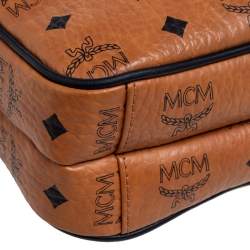 Pre Owned MCM Tan Visetos Coated Canvas And Leather Double Zip Camera Crossbody Bag