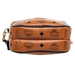 Pre Owned MCM Tan Visetos Coated Canvas And Leather Double Zip Camera Crossbody Bag