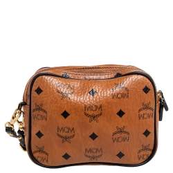 Pre Owned MCM Tan Visetos Coated Canvas And Leather Double Zip Camera Crossbody Bag