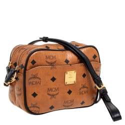 Pre Owned MCM Tan Visetos Coated Canvas And Leather Double Zip Camera Crossbody Bag