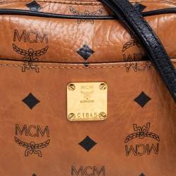 Pre Owned MCM Tan Visetos Coated Canvas And Leather Double Zip Camera Crossbody Bag