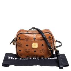 Pre Owned MCM Tan Visetos Coated Canvas And Leather Double Zip Camera Crossbody Bag