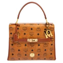 MCM Cognac Visetos Coated Canvas and Leather Heritage Top Handle Bag