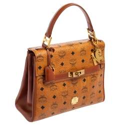MCM Cognac Visetos Coated Canvas and Leather Heritage Top Handle Bag