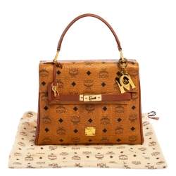 MCM Cognac Visetos Coated Canvas and Leather Heritage Top Handle Bag