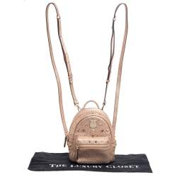 Pre Owned MCM Metallic Beige Leather XS Stark Studded Backpack