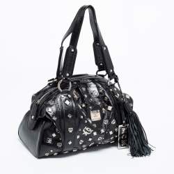 Pre Owned MCM Black Patent Leather Studded Fringe Satchel