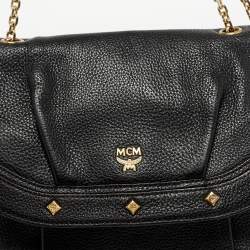 Pre Owned حقيبة كتف إم سي إم جلد أسود وصلة سلسلة