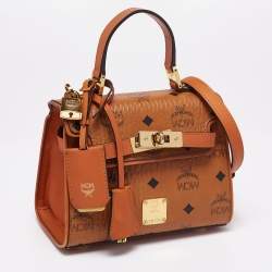 MCM Cognac Visetos Coated Canvas and Leather Mini Heritage Top Handle Bag