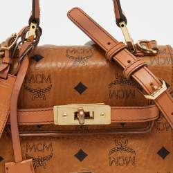 MCM Cognac Visetos Coated Canvas and Leather Mini Heritage Top Handle Bag