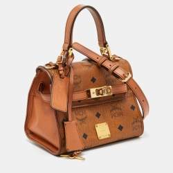 MCM Cognac Visetos Coated Canvas and Leather Mini Heritage Top Handle Bag