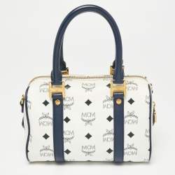 Pre Owned MCM White/Navy Blue Visetos Coated Canvas and Leather Boston Bag