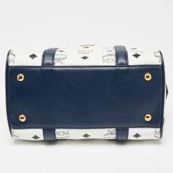 Pre Owned MCM White/Navy Blue Visetos Coated Canvas and Leather Boston Bag