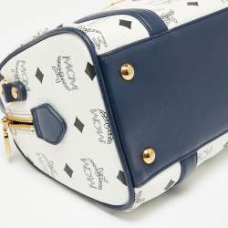 Pre Owned MCM White/Navy Blue Visetos Coated Canvas and Leather Boston Bag