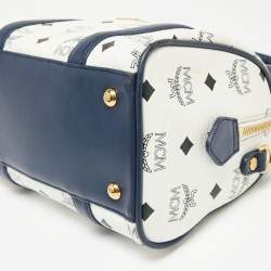 Pre Owned MCM White/Navy Blue Visetos Coated Canvas and Leather Boston Bag