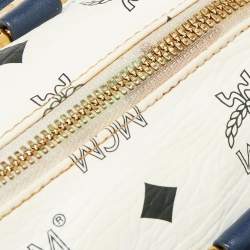 Pre Owned MCM White/Navy Blue Visetos Coated Canvas and Leather Boston Bag