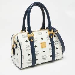 Pre Owned MCM White/Navy Blue Visetos Coated Canvas and Leather Boston Bag