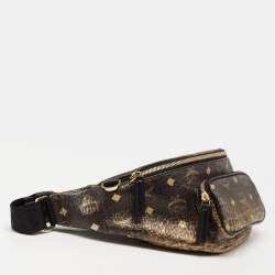 MCM Black/Gold Leather Logo Printed Belt Bag
