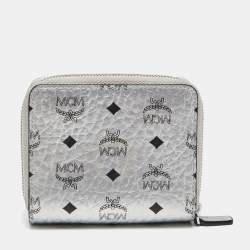 MCM Metallic Silver Coated Canvas Visetos Zip Compact Wallet