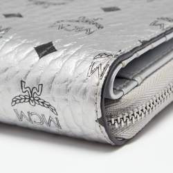 MCM Metallic Silver Coated Canvas Visetos Zip Compact Wallet
