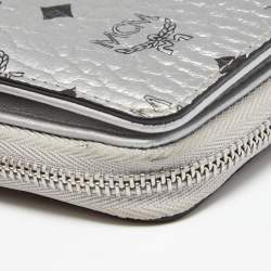 MCM Metallic Silver Coated Canvas Visetos Zip Compact Wallet