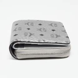 MCM Metallic Silver Coated Canvas Visetos Zip Compact Wallet
