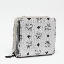 MCM Metallic Silver Coated Canvas Visetos Zip Compact Wallet