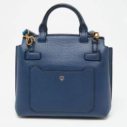 Pre Owned MCM Navy Blue Leather Milla Flap Top Handle Bag
