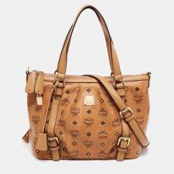 MCM Cognac Visetos Coated Canvas and Leather Zip Tote