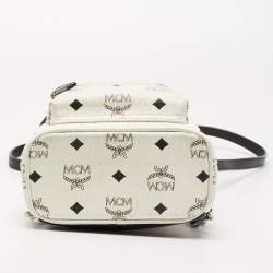 Pre Owned MCM White/Black Visetos Coated Canvas And Leather Mini Stark-Bebe Boo Backpack