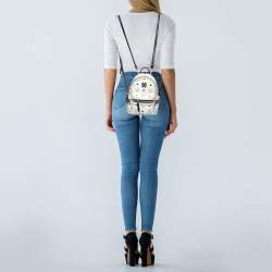 Pre Owned MCM White/Black Visetos Coated Canvas And Leather Mini Stark-Bebe Boo Backpack