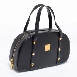 Pre Owned MCM Black Leather Motif Dome Satchel