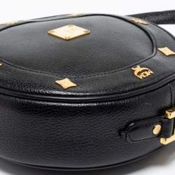 Pre Owned MCM Black Leather Studded Tambourine Round Crossbody Bag