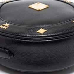 Pre Owned MCM Black Leather Studded Tambourine Round Crossbody Bag