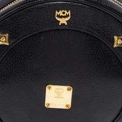 Pre Owned MCM Black Leather Studded Tambourine Round Crossbody Bag