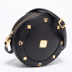 Pre Owned MCM Black Leather Studded Tambourine Round Crossbody Bag