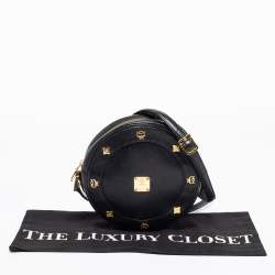 Pre Owned MCM Black Leather Studded Tambourine Round Crossbody Bag