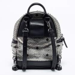 Pre Owned MCM  Silver/Black Monogram Leather Crystal Studded Backpack