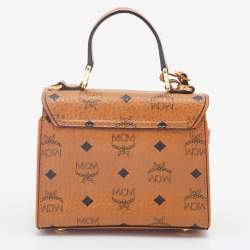 Pre Owned MCM Brown Visetos Coated Canvas and Leather Embellished Mini Heritage Top Handle Bag