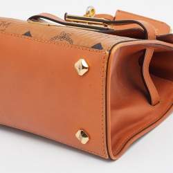 Pre Owned MCM Brown Visetos Coated Canvas and Leather Embellished Mini Heritage Top Handle Bag