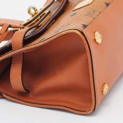 Pre Owned MCM Brown Visetos Coated Canvas and Leather Embellished Mini Heritage Top Handle Bag