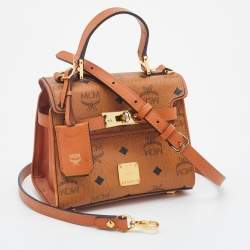 Pre Owned MCM Brown Visetos Coated Canvas and Leather Embellished Mini Heritage Top Handle Bag