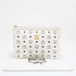 MCM White Vistos Coated Canvas And Leather Top Zip Pouch