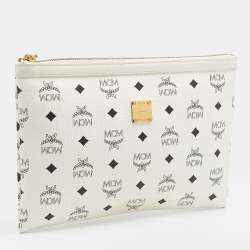 MCM White Vistos Coated Canvas And Leather Top Zip Pouch
