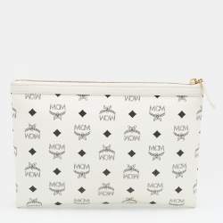 MCM White Vistos Coated Canvas And Leather Top Zip Pouch